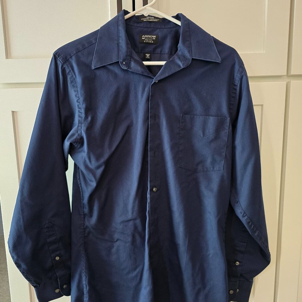 Arrow Fitted Dress Shirt Mens 15 32/33 Blue Sateen Long Sleeve Button Down